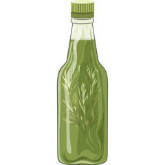 Green Liquid Sauce Bottle With Cap And Detailed Leafy Herb Infusion Isolated On Transparent Background