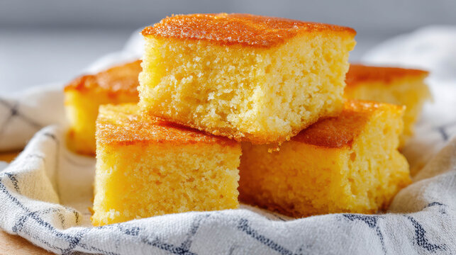 Freshly Baked Paraguayan Sopa Paraguaya Cornbread Squares on a White Cloth, Golden and Soft, Perfect for Any Occasion