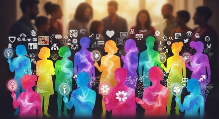 Vibrant diverse community celebrating social media connections and empowerment, colorful silhouettes with digital icons representing inclusivity and modern communication