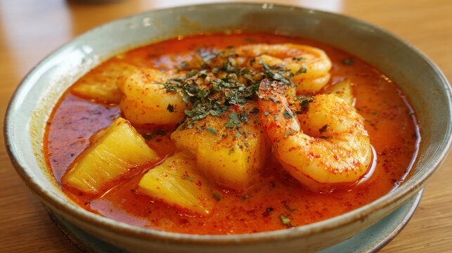 Delicious Thai Curry with Shrimp and Pineapple in a Bowl Surrounded by Fresh Herbs and Spices