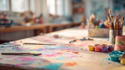 A vibrant artist's workspace filled with colorful paints, brushes, and scattered artistic materials, creating an inspiring creative atmosphere.