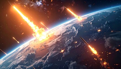 Digital artwork of a planet Earth being struck by a barrage of fiery, flaming objects from space in a dramatic, apocalyptic display