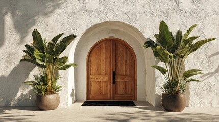 Minimal tropical home facade featuring arched wooden double doors, smooth white stucco wall, two lush banana plants in planters, centered black doormat, soft natural light