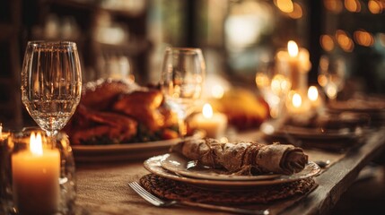 A beautifully set dining table featuring a roasted turkey, candles, and elegant glassware, creating a warm and inviting atmosphere.