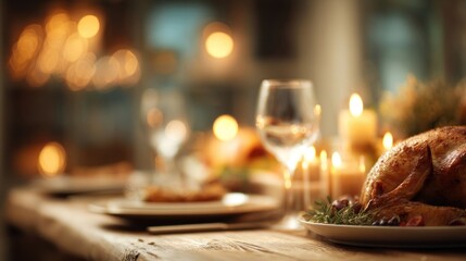 Obraz premium A beautifully arranged dinner table featuring a roasted turkey, candles, and elegant glassware, creating a warm and inviting atmosphere.