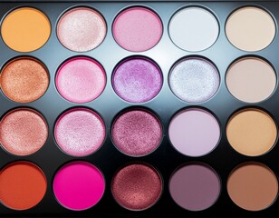 Close-up of a makeup palette with various colorful eyeshadows arranged in rows on a black background.
