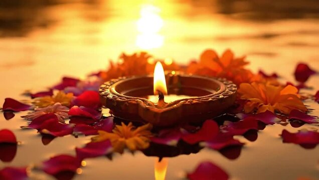 traditional indian diya lamp floating water sunset