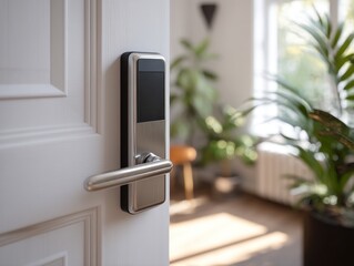 Smart door lock on white door with plants in background