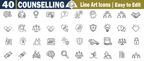 Counseling Icons Set. Line Art Therapy Mental Health Psychology, Brain Handshake, Puzzle Solution, Award Certificate, Question mark, Speech Balance Idea vector illustration. 