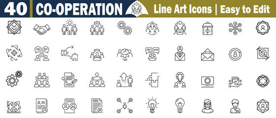 Line Icons Co-operation. These design elements are in  Gear, Handshake, Team, Puzzle, Document, Message, and Idea. Editable Business Pictograms for Versatile Use. 