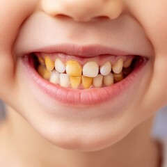 Childs smile showing stained teeth and mouth