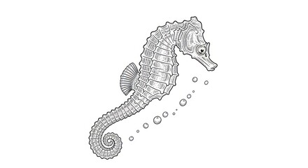 Detailed seahorse illustration with bubbles isolated on a white background