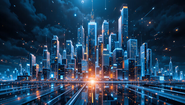 Futuristic cityscape with glowing lights and digital network connections at night