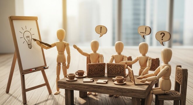 Inspiring brainstorm session with collaborative team discussing innovative ideas around wooden table in bright office, generating solutions and addressing questions