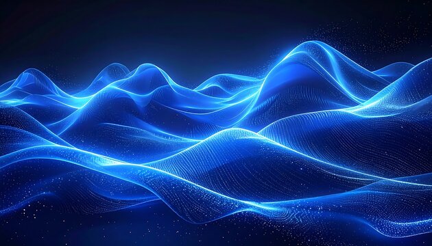 A visualization of abstract blue waves on a dark background, evoking a sense of data or energy flow. The undulating patterns create a dynamic visual