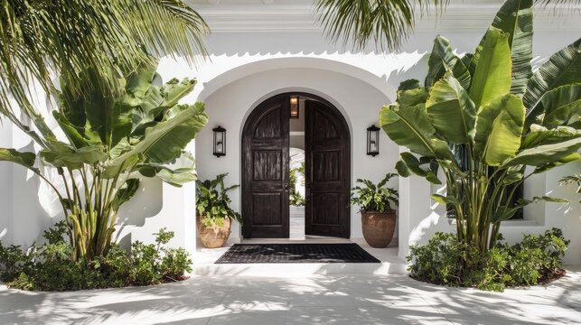 Tropical villa entrance, white stucco arch with dark wood double doors, two large banana plants framing entry, clean symmetry, black floor mat, natural daylight - Powered by Adobe