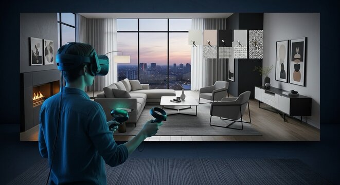 Experience immersive virtual reality, transforming your modern living space into an interactive digital world, exploring endless possibilities and futuristic design concepts from home.