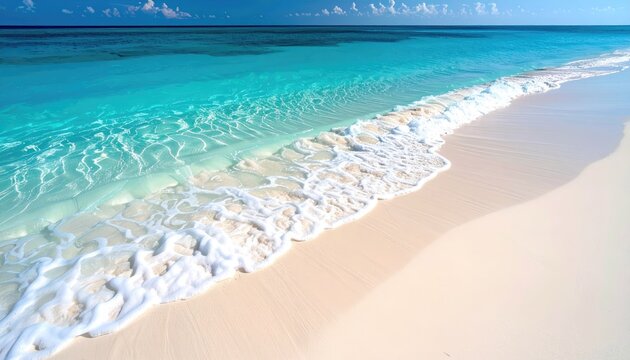 Turquoise ocean wave gently rolling onto a pristine white sand beach under bright sunlight casting sparkling reflections on the water surface