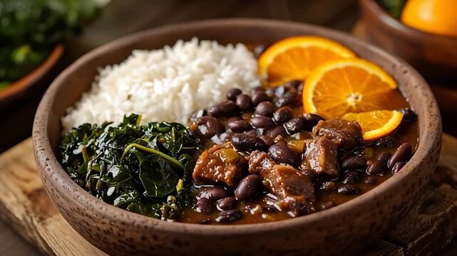 Delicious Brazilian Feijoada with Rice, Collard Greens, and Orange Slices.