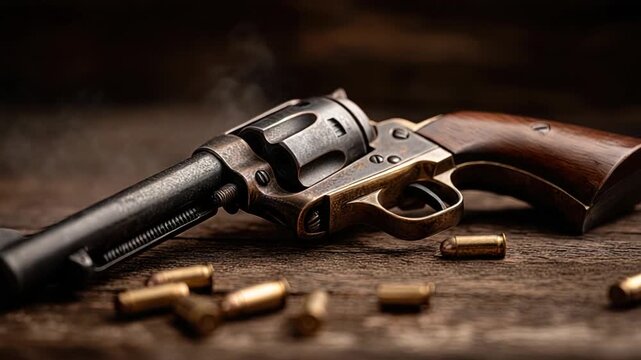 Antique revolver and cartridges on a rustic wooden surface