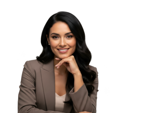 Smiling businesswoman with hand on chin isolated on transparent background