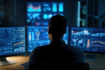 Person analyzing data on computer screens