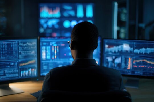 Person analyzing data on computer screens