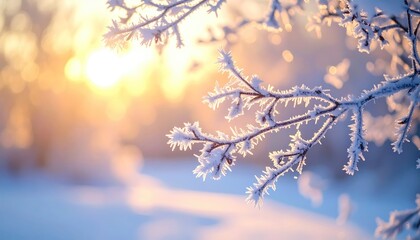 Obraz premium Winter Sunrise Over Snowy Branches With Golden Sunburst Lighting And Soft Focus Background
