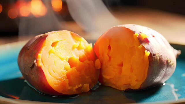 Hot Roasted Sweet Potato Freshly Cooked on Plate