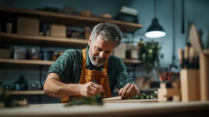 Senior man in plaid shirt and apron crafting wood project in well-organized workshop filled with tools expressing experienced craftsmanship DIY and creative hobby concept
