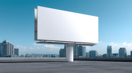 Fototapeta premium Modern Clean Billboard in Daylight Against Urban Skyline with Clear Blue Sky and Contemporary Architecture in the Background