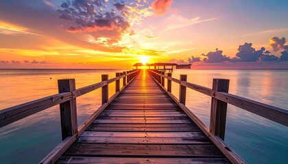 Fototapeta premium Wooden pier stretches across calm ocean water towards a vibrant sunset sky with dramatic clouds over the horizon casting golden orange light