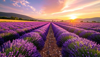Vast lavender field stretching towards rolling hills under a vibrant pastel sunset sky with golden sunbeams breaking through clouds in provence france