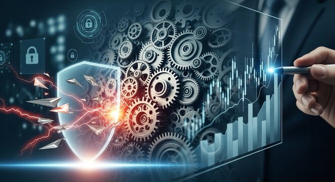 Protecting digital assets with advanced security and dynamic financial analytics, showcasing robust cybersecurity and business growth strategies visualized in a futuristic interface