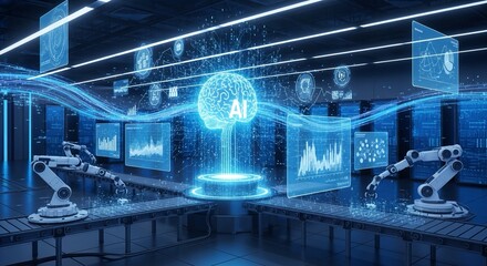 Futuristic AI brain powering automated factory robots and data analytics displays in a modern server room, symbolizing innovation and future technology.