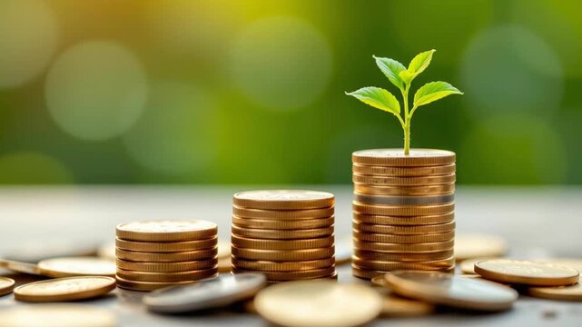 Gold coin stack with small plant sprout symbolizing sustainable finance investment growth and stacked coin savings for financial growth