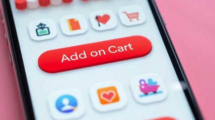 Add fingertip tapping red add to cart button smartphone shopping app checkout screen, add cart button mobile app with touch interaction and bright - Powered by Adobe