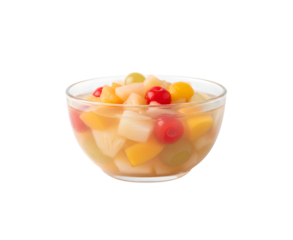 A side view of a bowl filled with canned fruit cocktail, set against a white background.
