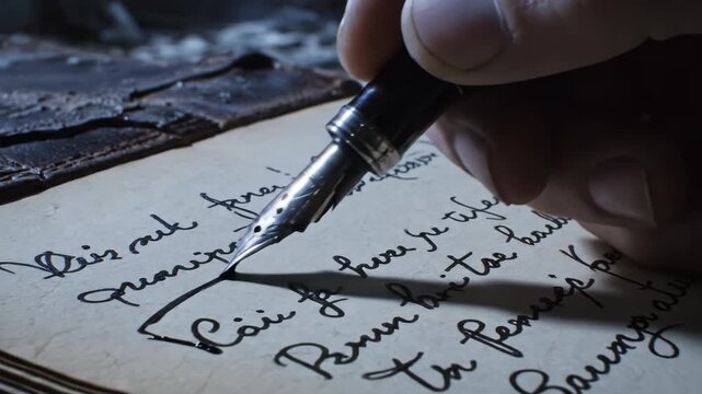 Person writing in old book with pen in dimly lit room