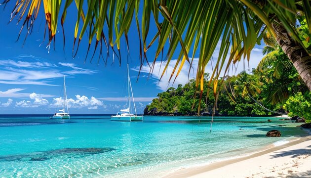 Tropical Paradise Beach Scene With Palm Fronds Overlooking Turquoise Water and Sailboats Under a Clear Blue Sky with Lush Green Island in the Background - Powered by Adobe