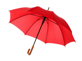 Classic red umbrella with handle, open canopy, wooden curved grip, isolated on white background, suitable for rain protection and weather-themed designs.