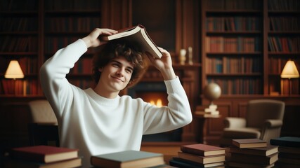 Young man with curly hair in cozy library wearing white sweater surrounded by book stacks and fireplace holding open book on head expressing playful relaxation and knowledge concept