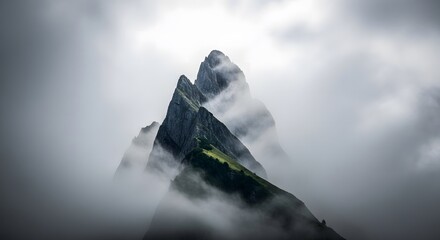 Dramatic jagged mountain peak emerging through moody swirling clouds and fog