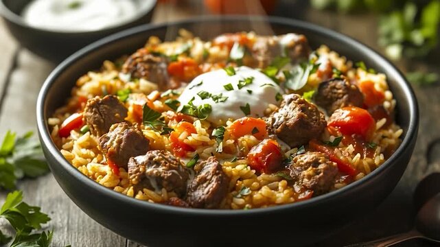 Delicious Lamb Kofta with Bulgur Pilaf and Yogurt Sauce.