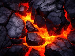 an AI Image Generator, Molten Lava Surrounded By Black Rocks Creating Fiery