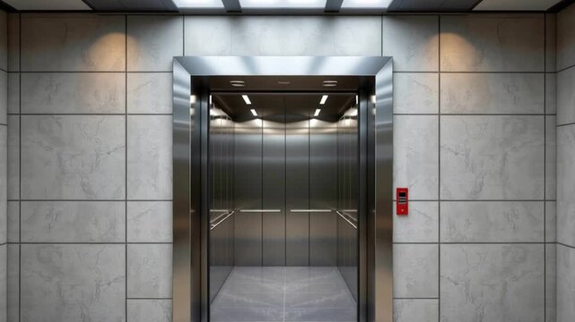 Modern stainless steel elevator doors and lobby with marble tile wall, recessed lighting, potted plant creating calm professional atmosphere