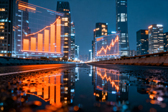 Futuristic city night with glowing holographic financial charts reflected in wet asphalt, symbolizing global business growth and digital investment technology
