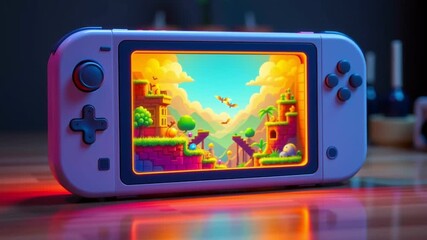 Handheld gaming console platformer game colorful screen with warm ambient lighting sunset landscape controller joystick palm trees birds grass hill