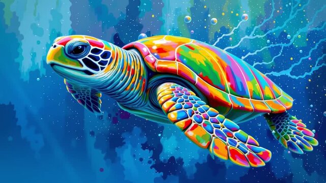 Colorful sea turtle swimming blue ocean with bubbles and vibrant shell patterns and colorful sea turtle swimming through vibrant ocean bubbles