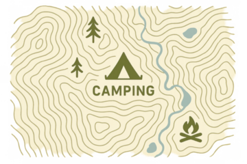 Camping topographic map with tent, campfire, trees, river, and lake symbols on textured background